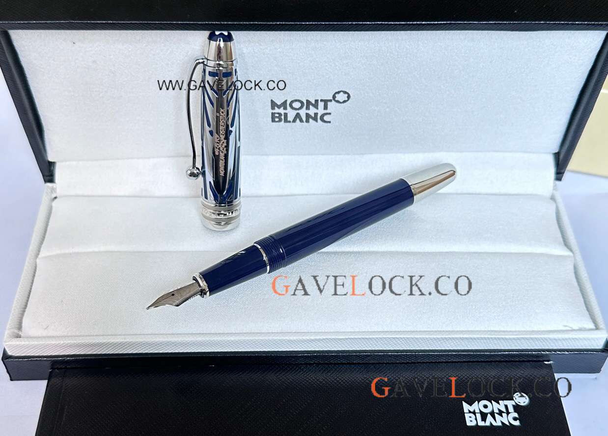 AAA Fake Montblanc 100 Yrs Meisterstuck Doue Fountain Blue-Silver Midsize